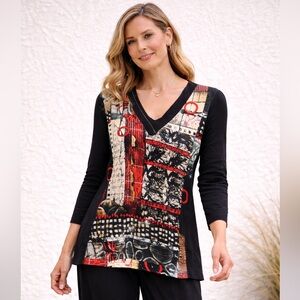 Dolcezza Simply Art Top Size L Abstract Print V Neck Tunic Shirt
